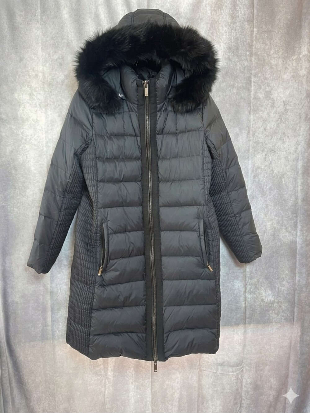 Diane von Furstenberg DVF Black Long Down Puffer Coat Fur Hood Trim Size XL